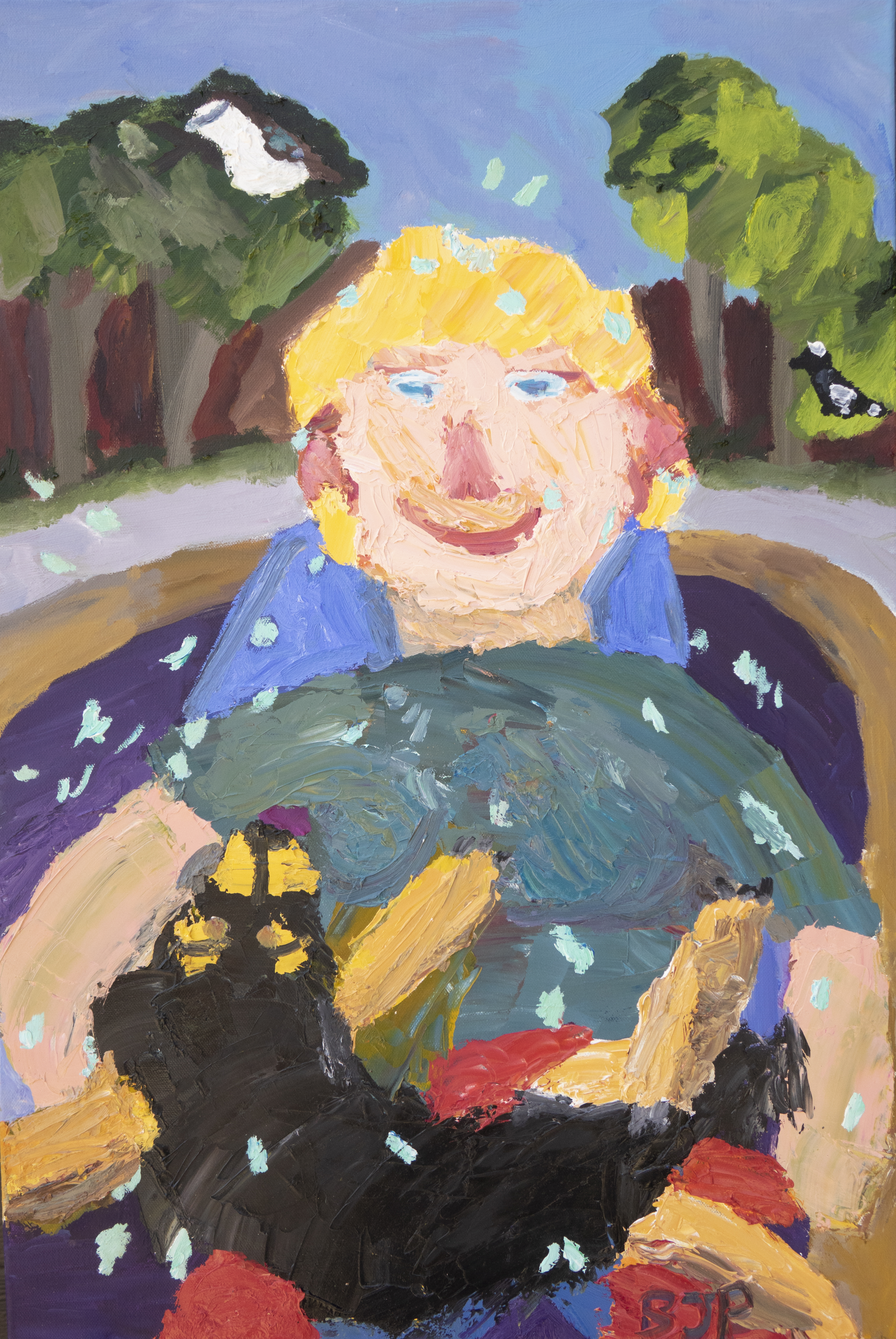 image of artist and her dog relaxing after swimming - artwork also features a magpie and kookaburra